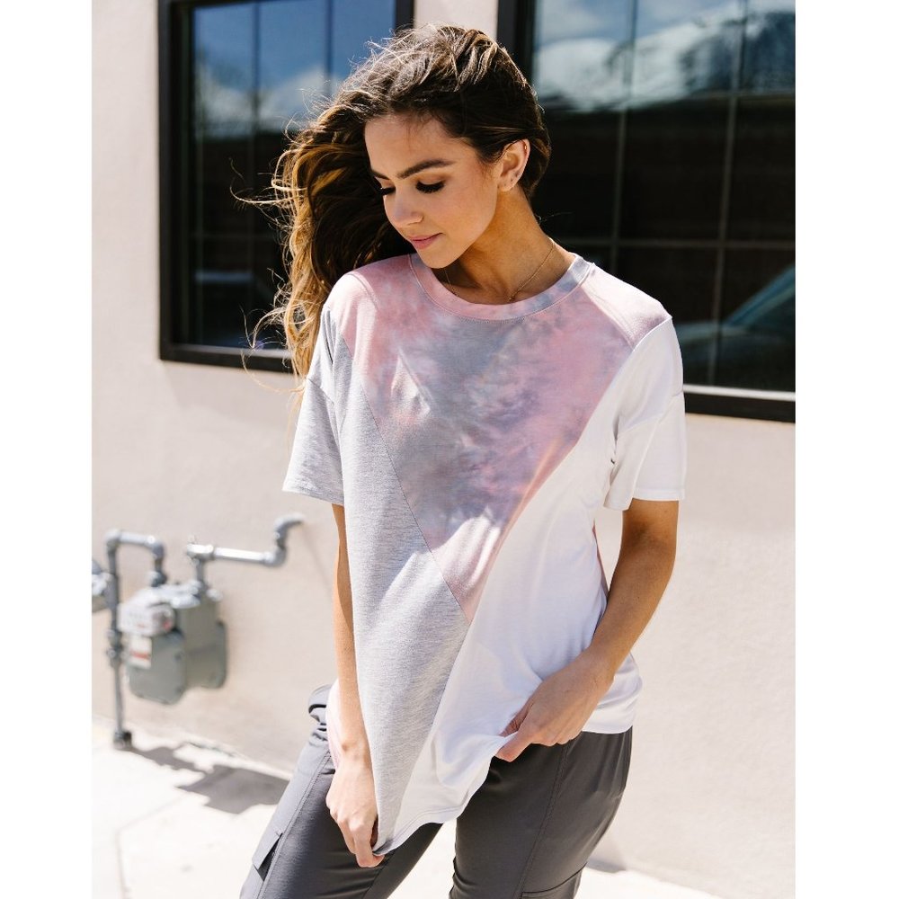 Tie Dye Split Top In Gray, Pink, & White